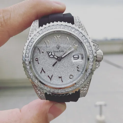 Miniatura 6 de Reloj de pulsera automático de acero inoxidable con diamantes brillantes helados, BlancoDorado, 40mm