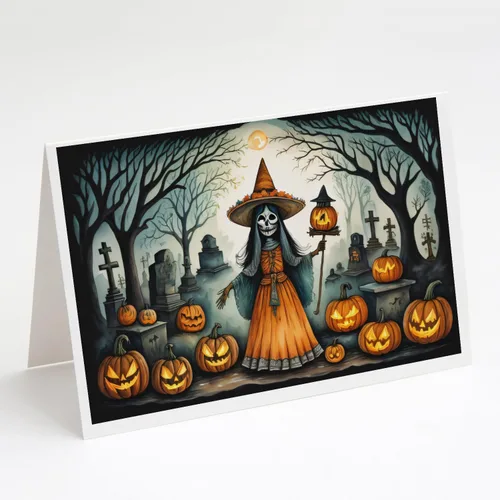 Miniatura 50 de Caroline's Treasures DAC2223GCA7P - Tarjetas de felicitación y sobres de Halloween espeluznantes de gato negro, paquete de 8 tarjetas en blanco