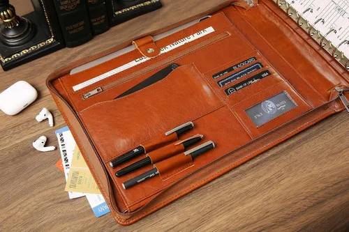 Miniatura 6 de Cuaderno de cheques personalizado de cuero para negocios, carpeta de 7 anillos grabada con soporte para libro de cheques para 3 por página, Marrón