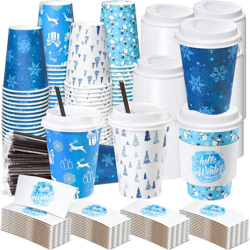 Lallisa 100 juegos de tazas de papel desechables de café de Navidad para el invierno a granel con tapas, fundas y pajitas, tazas de café de copos de