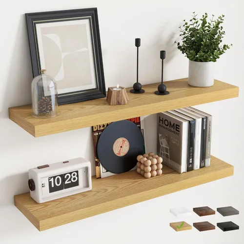 Miniatura 16 de Estantes flotantes para pared con soportes invisibles, estantes de madera de ingeniería montados en la pared con grano de madera para sala de estar