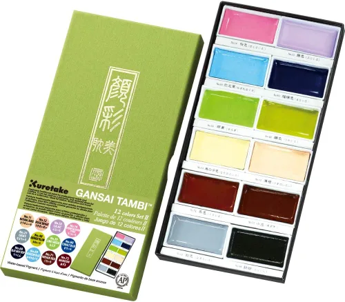 Miniatura 12 de Kuretake GANSAI TAMBI - Juego de pintura de acuarela de 24 colores II, Art Nouveau, suministros de arte de calidad profesional para artistas