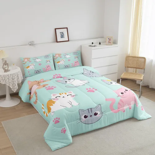 Miniatura 3 de Erosebridal Juego de ropa de cama para niños, tamaño individual, diseño de gatos de dibujos animados, para niñas, niños y adolescentes, edredón