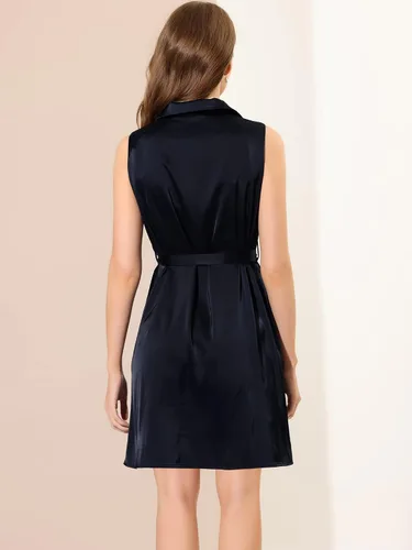 Miniatura 3 de Allegra K Vestidos de satén para mujer, cuello de punto, con cinturón, con botones, sin mangas, vestido camisero