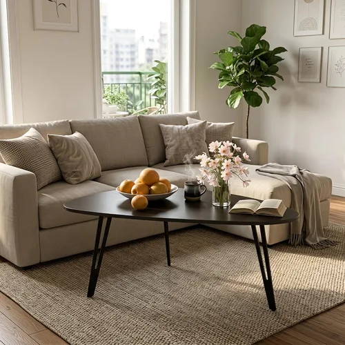 Miniatura 2 de Manora Mesa de Café Moderna y Simple de Madera con Patas de Metal Negro, Mesa de Té Ovalada para Sala de Estar u Oficina, Mesa Central Compacta