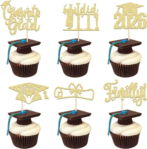 Miniatura 23 de Paquete de 24 adornos para cupcakes de clase 2026 con purpurina 2026 Felicidades Graduación Diploma Done Cupcake Picks 2026 Graduación Temática