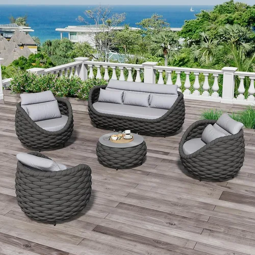 Miniatura 33 de Juego de muebles de patio de 4 piezas ensamblado, conjunto de sofá de conversación para exteriores de cuerda tejida a mano - Sofá de aluminio Cuerda