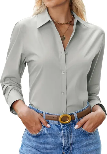 Miniatura 10 de siliteelon Camisa con botones para mujer: camisa de vestir con cuello de manga larga de algodón con botones, blusa de trabajo y oficina