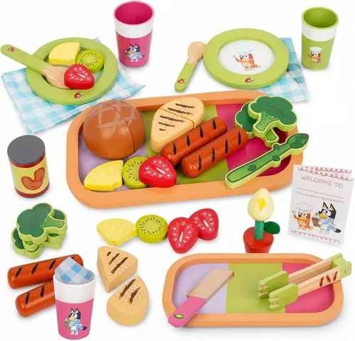 Bluey Frutas y verduras de juguete para niños pequeños, 32 piezas de comida de simulación con platos, utensilios, comida de juego para bebés y