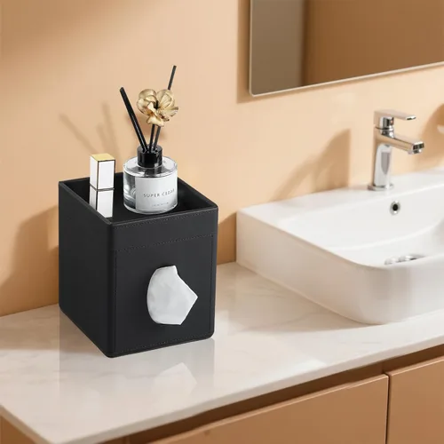 Miniatura 6 de Funda para Caja de Pañuelos, Soporte Cuadrado de Piel Sintética para Caja de Pañuelos con Bandeja de Almacenamiento para Baño, Tocador, Encimera