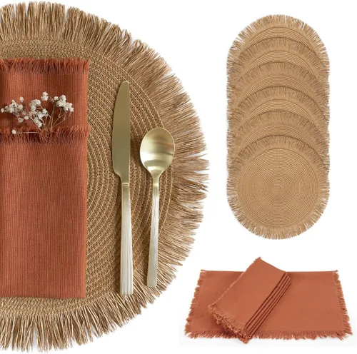 Miniatura 10 de Juego de 6 manteles individuales decorativos bohemios con servilletas con textura de lino a juego - Hermosa decoración natural que realza tu comedor