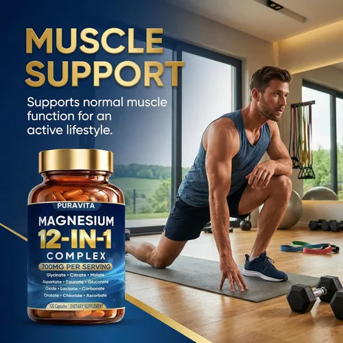 Miniatura 6 de Puravita Cápsulas complejas de magnesio 12 en 1, mezcla de alta absorción de 700 mg con glicinato, citrato, malato, óxido y taurato. Apoya