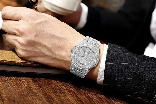 Miniatura 18 de Gosasa Reloj de pulsera unisex de cristal para hombre y mujer, reloj cubano con brillo completo, oblongo de plata/oro, reloj de pulsera de acero