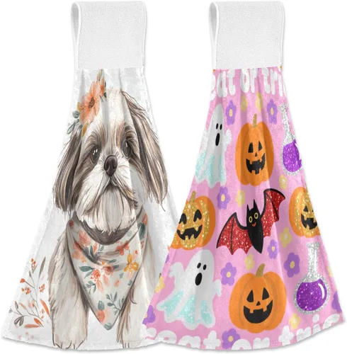 Toalla de baño con diseño de acuarela, cara de perro, floral, lavanda, floral, calabaza, Halloween, juego de 2 toallas de Navidad para baño