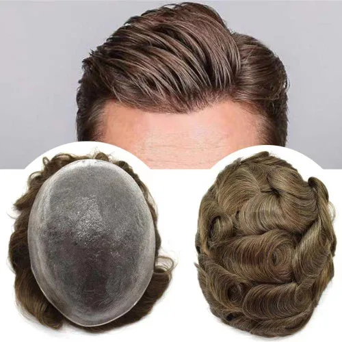 Miniatura 22 de Cabello humano para hombres, tupé, piezas de cabello humano europeo, todas las piezas de cabello en V para manualidades, 0.002 in, piel fina