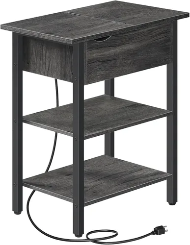 Miniatura 12 de HOOBRO - Mesa auxiliar lateral, mesa de centro abatible con estación de carga y estantes, puertos USB y tomas de corriente, mesita de noche estrecha