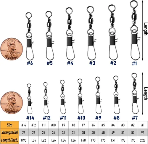 Miniatura 2 de Alwonder Paquete de 100 unidades de barril de pesca giratorios con broches de presión, aparejos de pesca de acero inoxidable seguro entrelazado