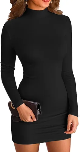 VICHYIE Vestido ajustado acanalado de manga larga con cuello alto falso para mujer