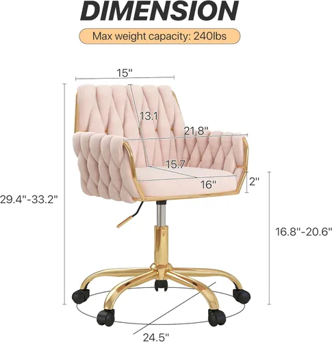 Miniatura 3 de Silla de terciopelo para oficina en casa, moderna silla de tocador de altura ajustable, silla de maquillaje giratoria de 360° con base dorada y Rosa