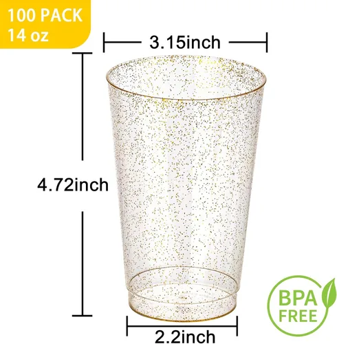 Miniatura 3 de I00000 Paquete de 100 vasos de plástico dorados de 14 onzas, vasos desechables de plástico con purpurina dorada, copas de vino desechables, copas