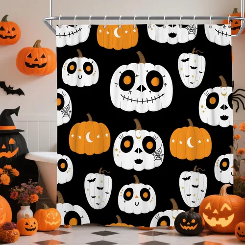 Miniatura 7 de Cortina de ducha de Halloween, cortinas de ducha de calabaza y gato aterradoras para baño, decoración de fiesta de Hlloween, cortina de baño