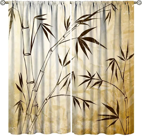 Miniatura 22 de Cortinas con estampado de bambú verde natural, plantas asiáticas, japonesas, tallos rústicos, hojas, cortina de selva con bolsillo para cortinero