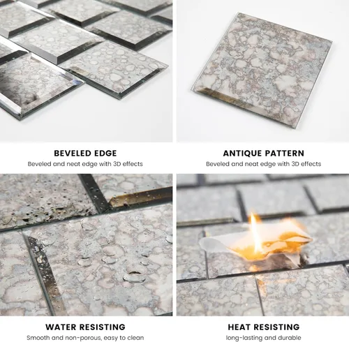 Miniatura 5 de Azulejo de Espejo de Vidrio Biselado Antiguo Despegar y Pegar de 3 x 3 Pulgadas para Salpicadero de Cocina y Pared de Baño (32 Piezas)