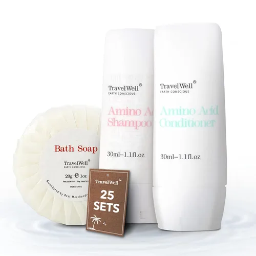 Travel Well - Juego de mini champú y acondicionador, champú y acondicionador de viaje con aminoácidos, minibarras de jabón, sin parabenos, artículos