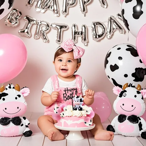Miniatura 6 de Paquete de 12 adornos para tartas de vaca, linda figura de animales de granja con bolas, feliz cumpleaños para baby shower, niños, fiesta