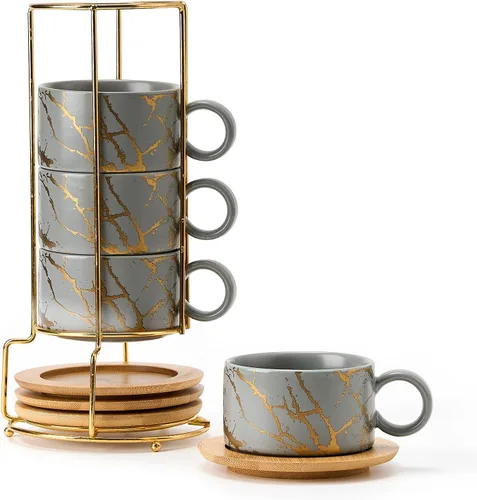 Miniatura 17 de LUKA - Juego de 4 tazas de café espresso apilables de cerámica con tablero de ajedrez en blanco y negro de 6 onzas, con platillos y soporte