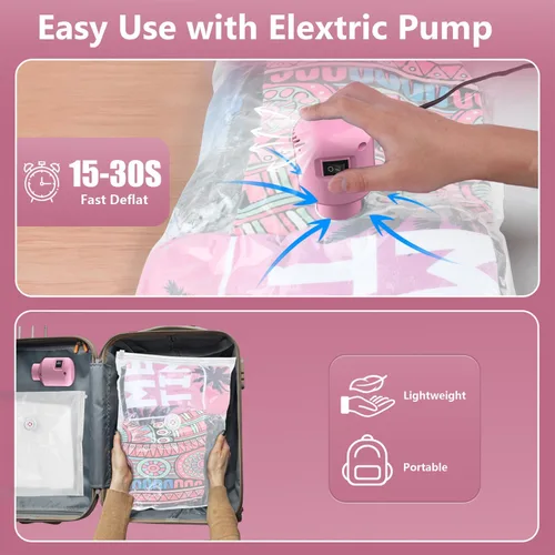 Miniatura 3 de Bolsas de sellado al vacío para ropa de viaje, paquete de 5 bolsas de almacenamiento al vacío para ahorro de espacio con bomba eléctrica, sellador