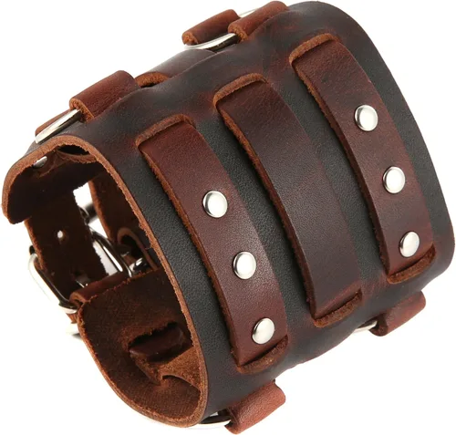 Miniatura 9 de HZMAN Anillo de aleación para hombre, pulsera de cuero genuino, tono plateado, ajustable