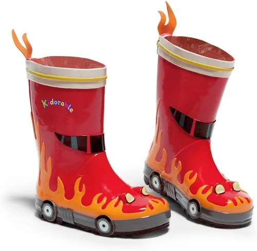 Kidorable Botas de lluvia de goma natural de bombero, color rojo, con lengüeta en el talón