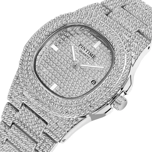 Miniatura 13 de Gosasa Reloj de pulsera unisex de cristal para hombre y mujer, reloj cubano con brillo completo, oblongo de plata/oro, reloj de pulsera de acero