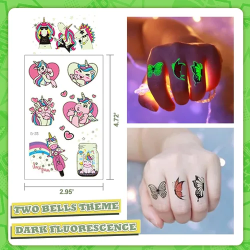 Miniatura 3 de 200 tatuajes de mariposa luminosos para niños, con temática de unicornio y mariposa, tatuajes temporales para niños, tatuajes temporales que brillan