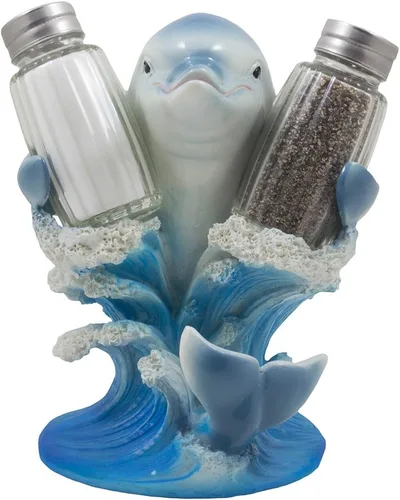 Miniatura 2 de Dolphin Riding Ocean Wave - Juego de salero y pimentero con soporte para figuras en decoración decorativa de cocina tropical, estantes de especias