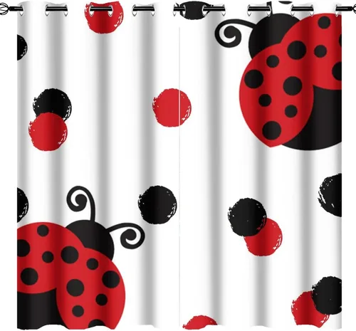 Miniatura 9 de Cortinas opacas de estilo japonés de mariquita de dibujos animados, diseño de eucalipto de mariquita roja y negra, juego de tratamiento de ventana