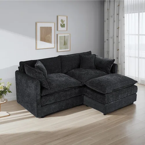 Miniatura 9 de Setawix Sofá Profundo de 3 Plazas con Otomana, Sofás de Nube en Forma de L de 112.2" para Sala de Estar, Sofá de Nube de Chenilla con Asiento Café