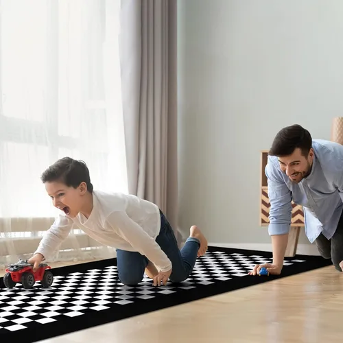 Miniatura 6 de Tallew Suministros de fiesta de automóvil a cuadros, mantel desechable de plástico para mesa de carreras en blanco y negro, camino de mesa