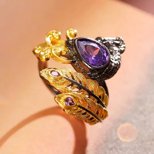 Miniatura 5 de Gothic Golden Feather Amethyst Rings - Black Peacock Rhinestone Copper Rings