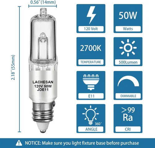 Miniatura 2 de JDE11 - Bombilla halógena E11 de 120 V, 50 W, E11, base de mini candelabro regulable T4 (bombilla LED E11 de reemplazo), 2700 K blanco cálido