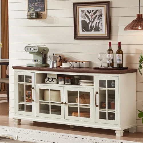 Miniatura 9 de SAVOR LIFE - Aparador grande negro con gabinete de buffet y almacenamiento, credenza vintage de casa de campo de 60" de ancho con puertas de vidrio