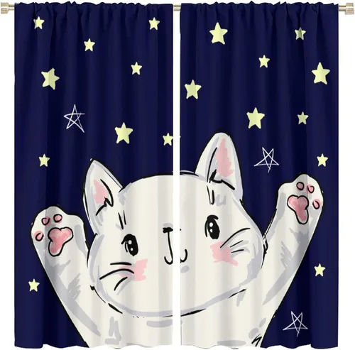 Miniatura 35 de Cortinas opacas de gato abstracto, arte simple, universo planeta, dibujos animados, lindo, divertido, colorido, gato, azul, niños, niñas, niños