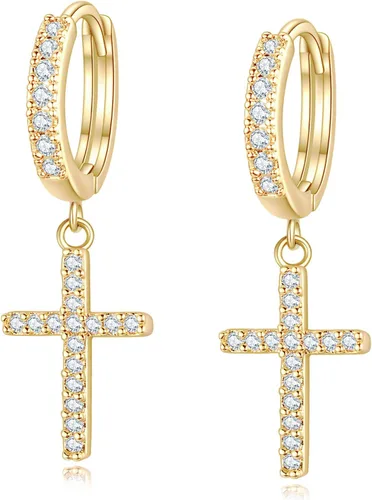 Aretes de aro chapados en oro de 14 quilates, aretes de cruz de oro de moda para mujer, aretes pequeños de circonita cúbica, aretes colgantes de