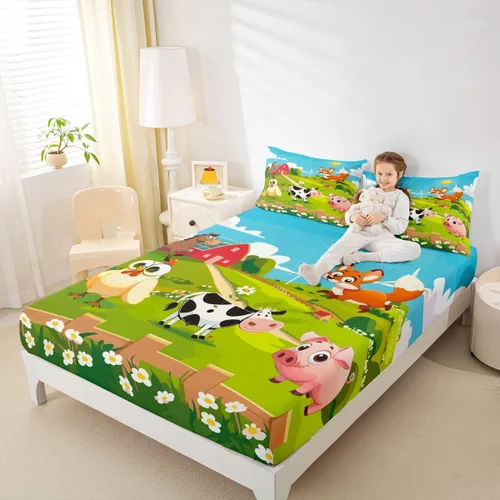 Miniatura 6 de Feelyou Juego de sábanas bajeras de animales de dibujos animados para niños, tamaño individual para niños y niñas, juego de sábanas Happy Farm