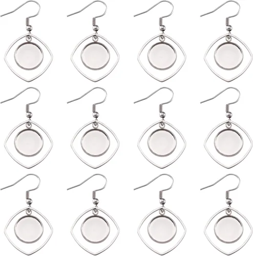Miniatura 18 de FASHEWELRY 54Pcs Bandejas de bisel para pendientes de acero inoxidable en blanco Geometría rombos lágrima con cabujones de vidrio redondo de 12 mm