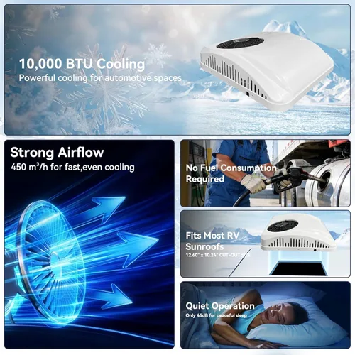 Miniatura 2 de Treeligo Aire acondicionado de 12 V/24 V en la azotea, unidad de aire acondicionado de techo, sin conductos, refrigeración y calefacción 2 en 1