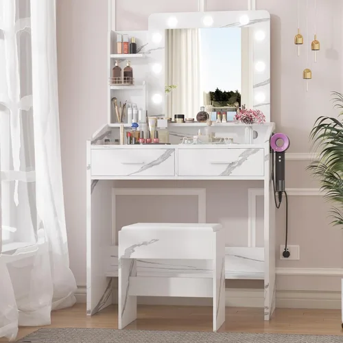 Patikuin Escritorio de tocador con espejo y luces para dormitorio, mesa de maquillaje moderna de mármol blanco con 2 cajones, 3 modos de luz y LED