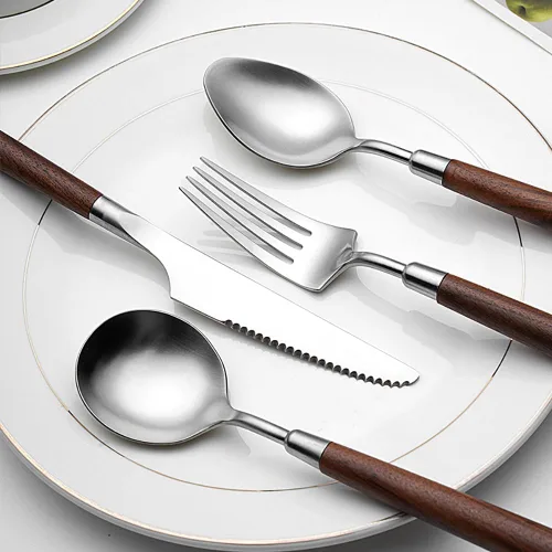 Miniatura 2 de Juego de cubiertos para 4, 16 piezas de cubiertos de acero inoxidable con mango de madera, incluye cuchillo para carne, tenedor y cuchara, juego