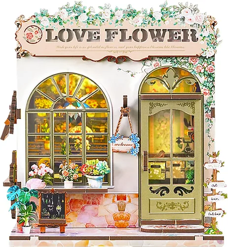 Kit de rincón de libros – Kit de casa en miniatura de bricolaje con luz LED, rompecabezas de madera 3D, decoración de estantería estilo floristería